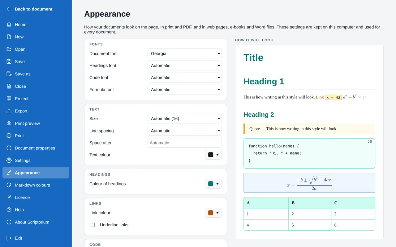 File, Appearance: settings for the fonts, the text, the colour of headings and links on the left, and on the right a preview with teal headings, an orange link, code with an amber border, an equation in a blue box, a code block with a teal border and a table with rounded corners and a teal heading row.