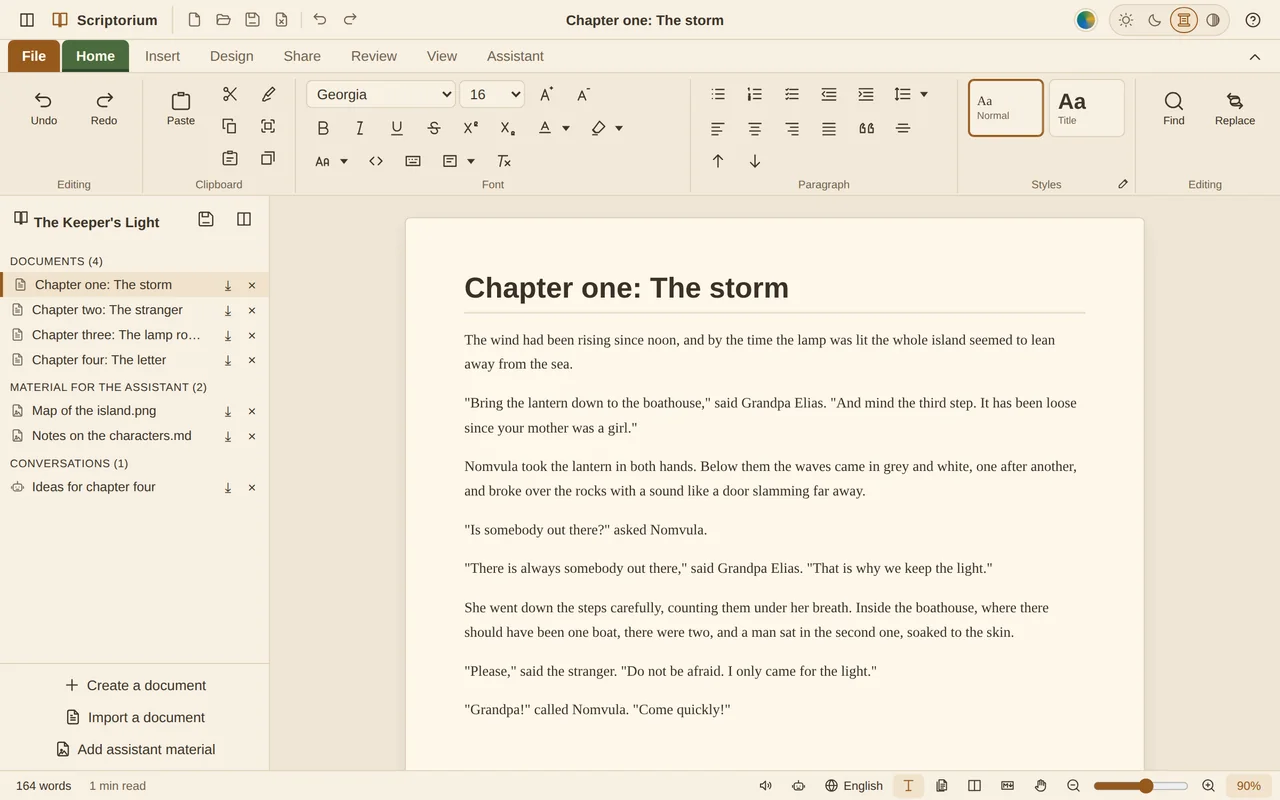 A book project called The Keeper&rsquo;s Light in the sepia theme: four chapters, a map, character notes and a conversation listed on the left, and chapter one, The storm, open on the page.