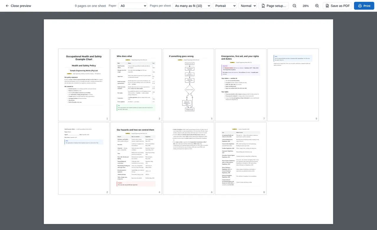 Print preview showing nine pages of a health and safety policy laid out together on one A0 sheet.