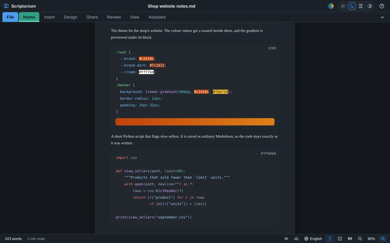 A document in the dark theme: a CSS block with its colour values shown in their own colours and a gradient previewed beneath it, and a Python script in colour below.
