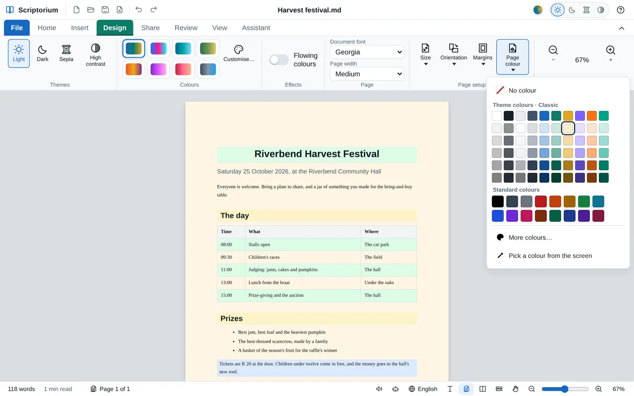 A harvest festival notice in the Pages view on cream paper, its title on a green band, its headings on amber and every other row of its table green, with the Page colour menu open on the Design tab