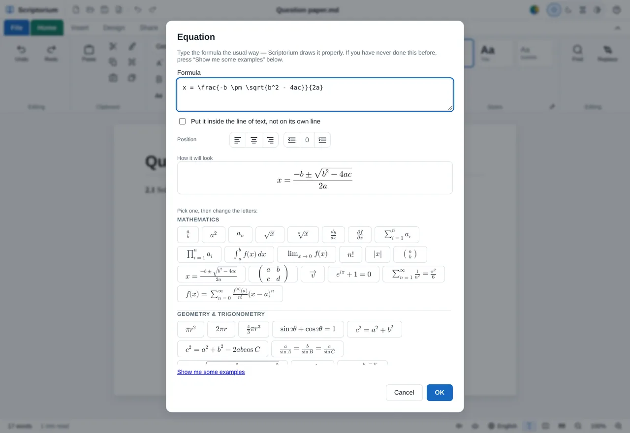 The Equation window: the quadratic formula typed in the Formula box, a tick box to put it inside the line of text, Position buttons for left, centre, right and indent, the formula drawn under How it will look, and a gallery of formulas under Mathematics and Geometry and Trigonometry.