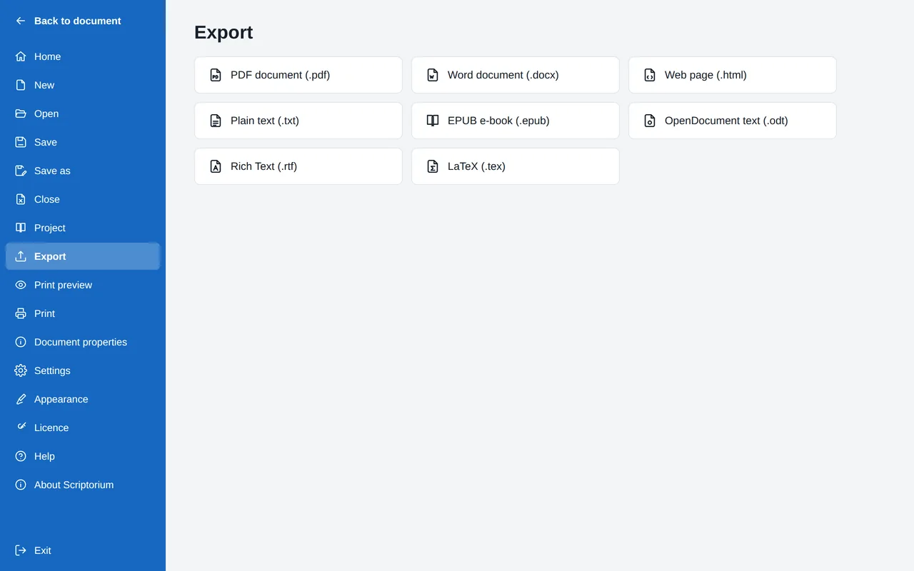The Export page on the File tab, with eight formats: PDF document, Word document, Web page, Plain text, EPUB e-book, OpenDocument text, Rich Text and LaTeX.