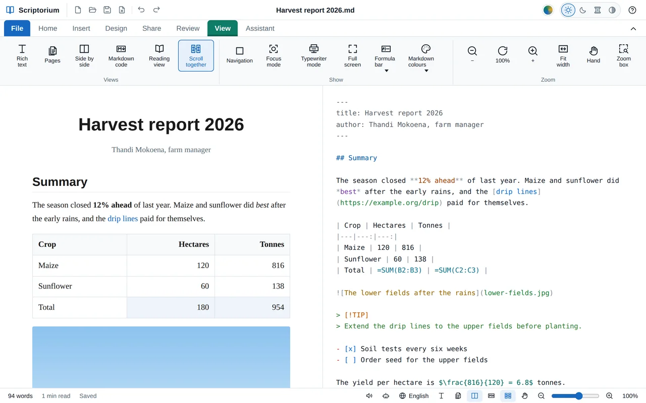 Side by side with the Markdown in colour: on the right, the front matter in grey, the heading in blue, bold words in orange, italic in purple, a link in blue, table lines, formulas in teal, picture text in orange, a callout in green and tick boxes in blue; on the left, the same report as a page.