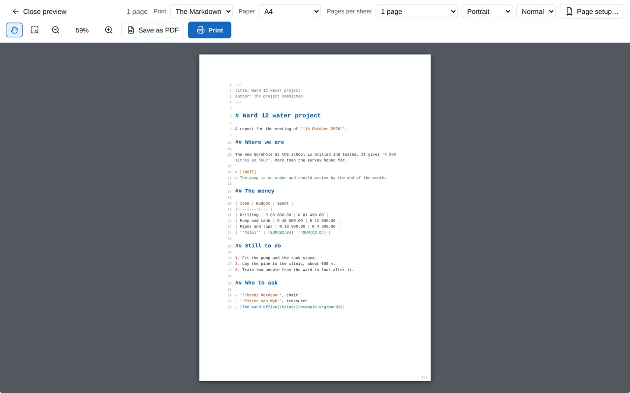 The print preview showing a report&rsquo;s Markdown on an A4 page, every line numbered and in colour, with Print: The Markdown chosen in the bar