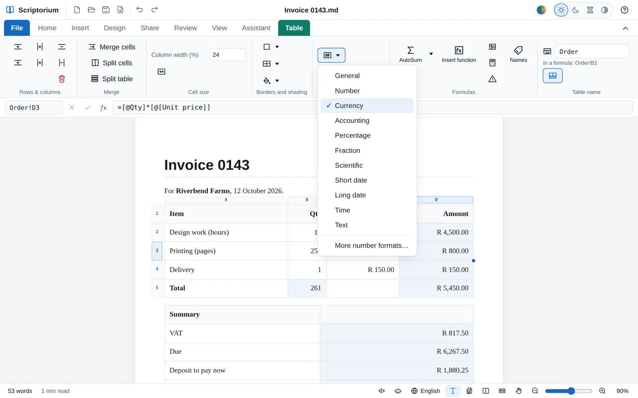 An invoice table with the Number format menu open on the Table tab, Currency ticked, and the formula bar showing =[@Qty]*[@[Unit price]] for Order!D3