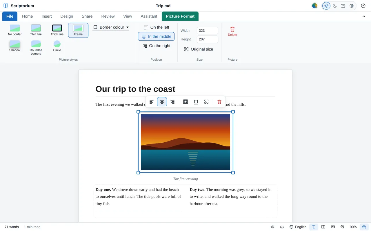 A chosen picture with handles on its corners and the Picture Format tab open, showing picture styles, position and size, above two columns of text.