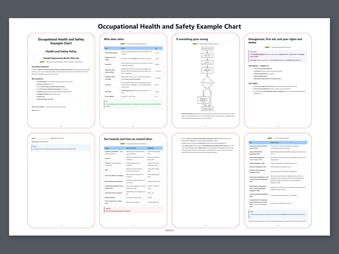 Eight pages of a sample health and safety policy on one 900 by 610 mm sheet, with the chart's title across the top.
