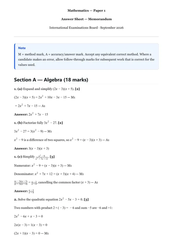 The first page of the Grade 10 mathematics memo, with method and accuracy marks.