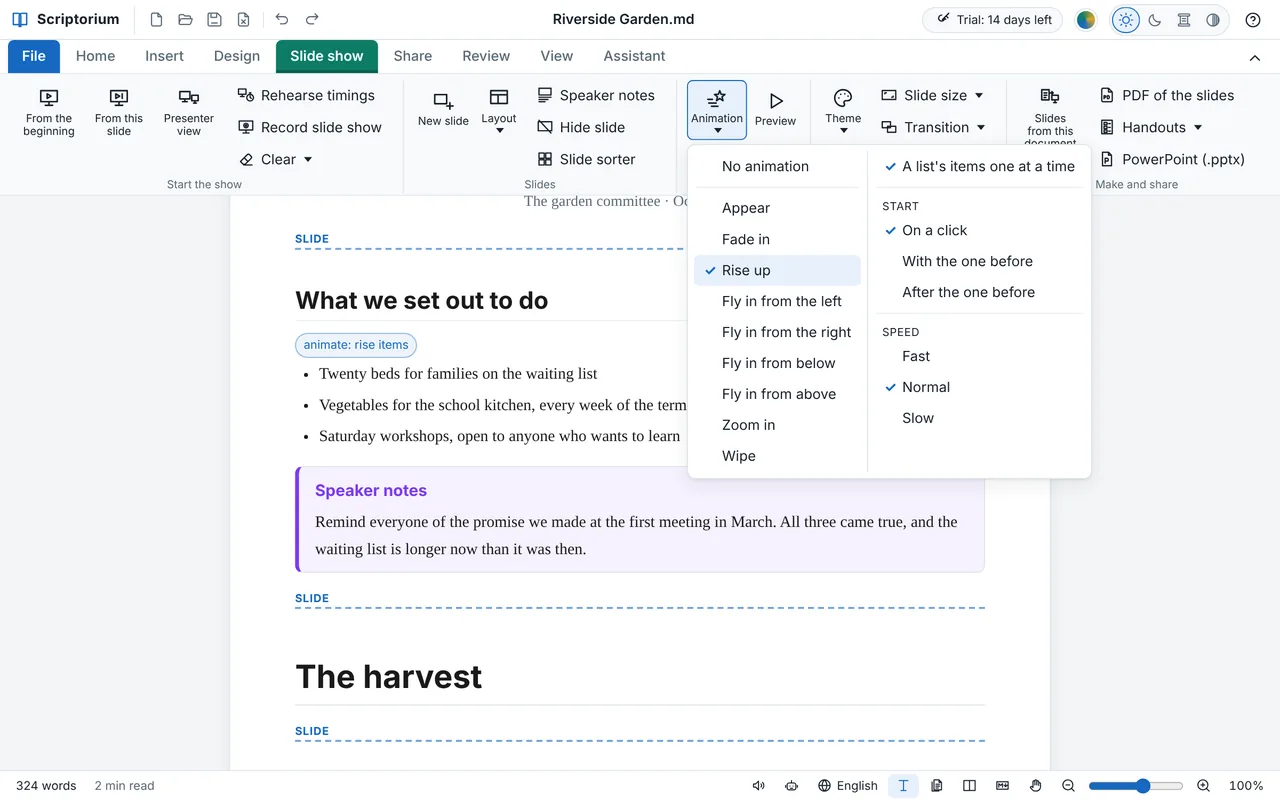 The garden report on its page with the Slide show tab open: over the list What we set out to do, a small tag says animate: rise items, and the Animation menu is open beside it, Rise up ticked among nine effects, with A list’s items one at a time, Start (on a click, with or after the one before) and Speed