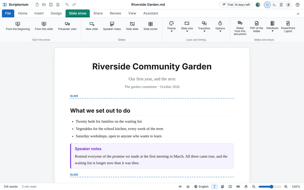 The document behind the slide show, on its page with the Slide show tab of the ribbon open: the title block, dotted lines marked Slide where each slide starts, the lists, and speaker notes in a violet box